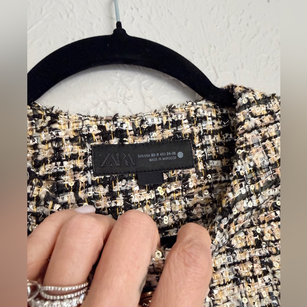 Zara collection black gold sequin tweed button down short sleeve blouse XS S - Picture 9 of 10